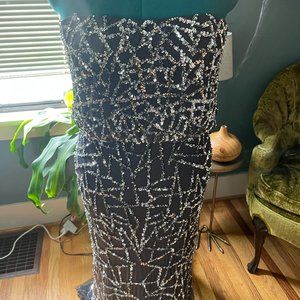 Strapless Grey-Blue + Sequin Maxi Strapless Evening Dress by Adrianna Papell